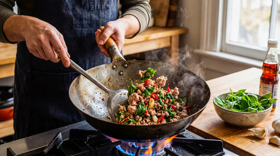 Fresh ingredients being cooked in a steaming pan in a home kitchen.