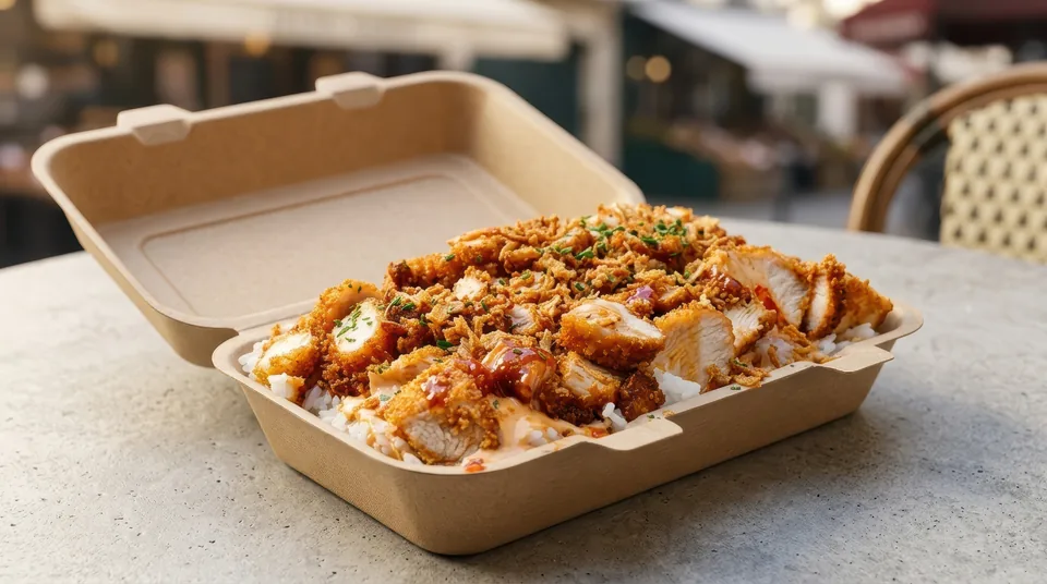 Chicken and rice served in an open takeaway box.